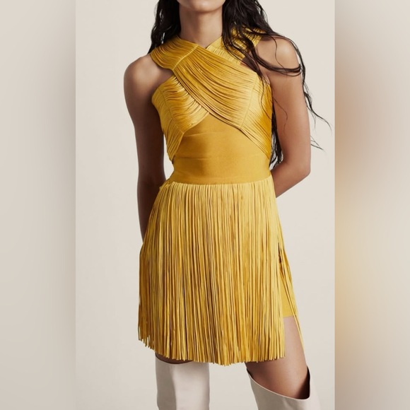 Herve Leger Goldenrod Crossover Halter Fringe Mini Dress NWT